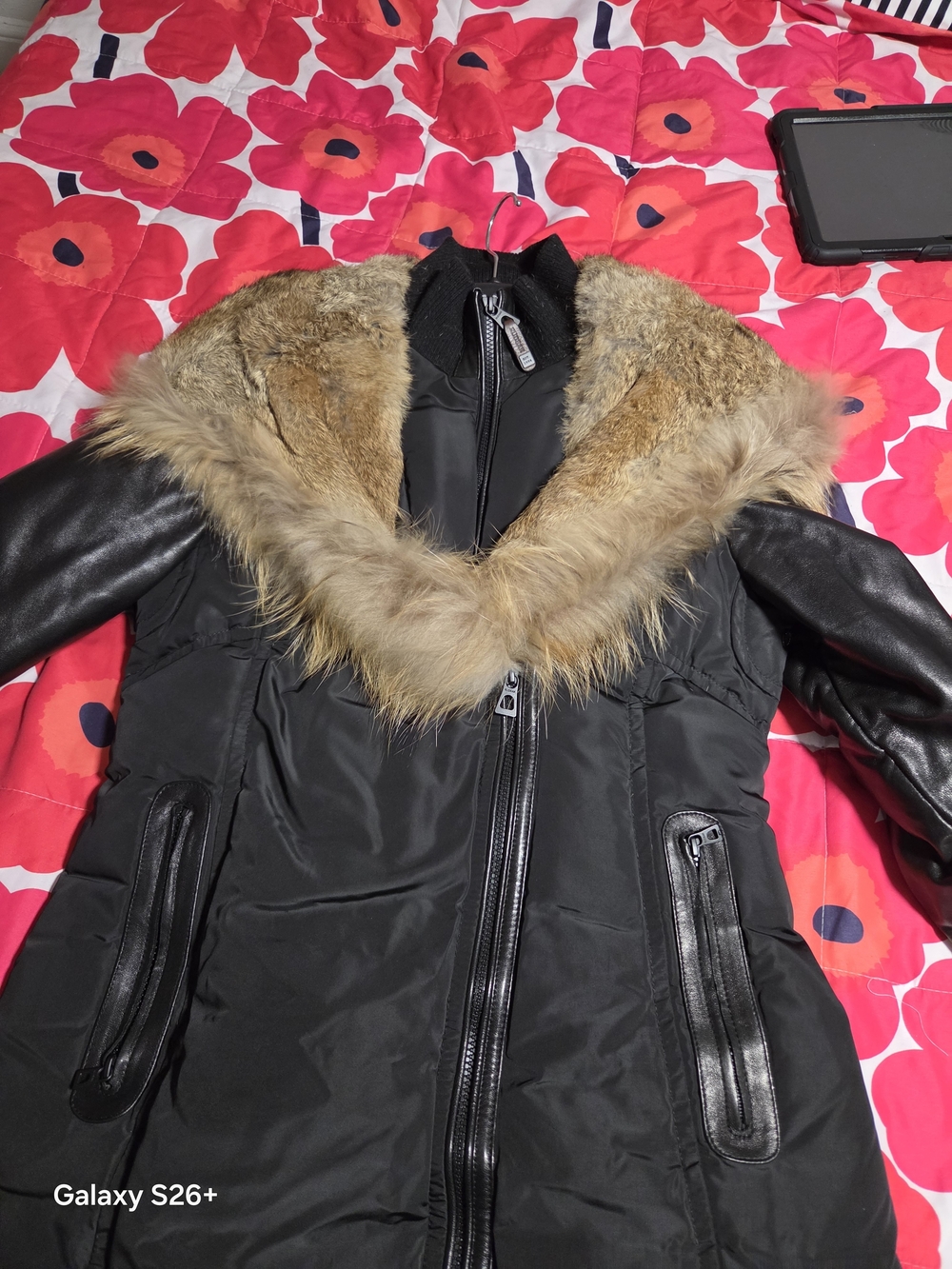 Rudsak Ladies Black Puffer Coat,Leather Sleeves & Trim with Tan Rabbit Fur Hood